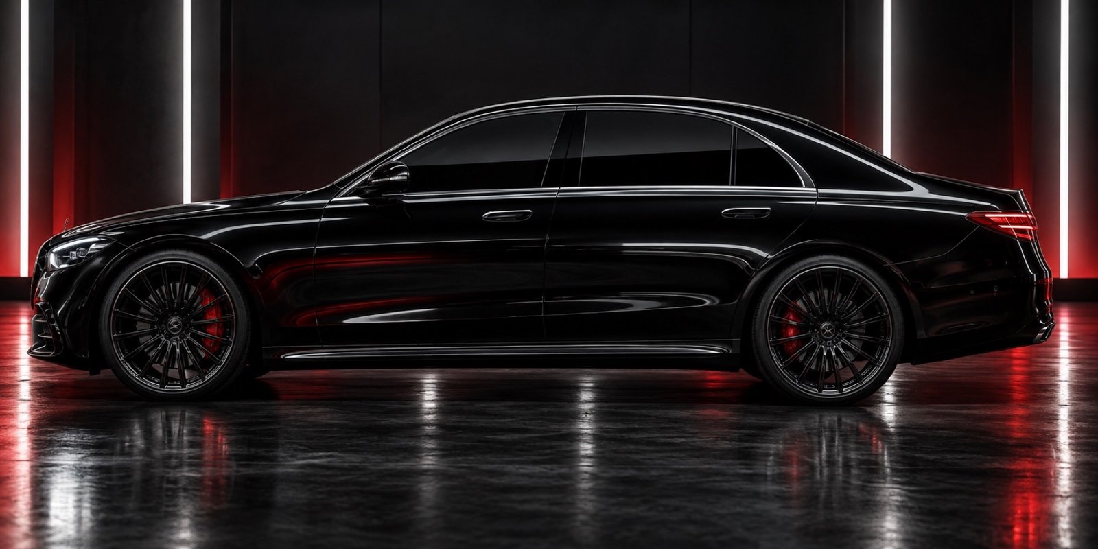 Black sedan with tinted windows in a studio