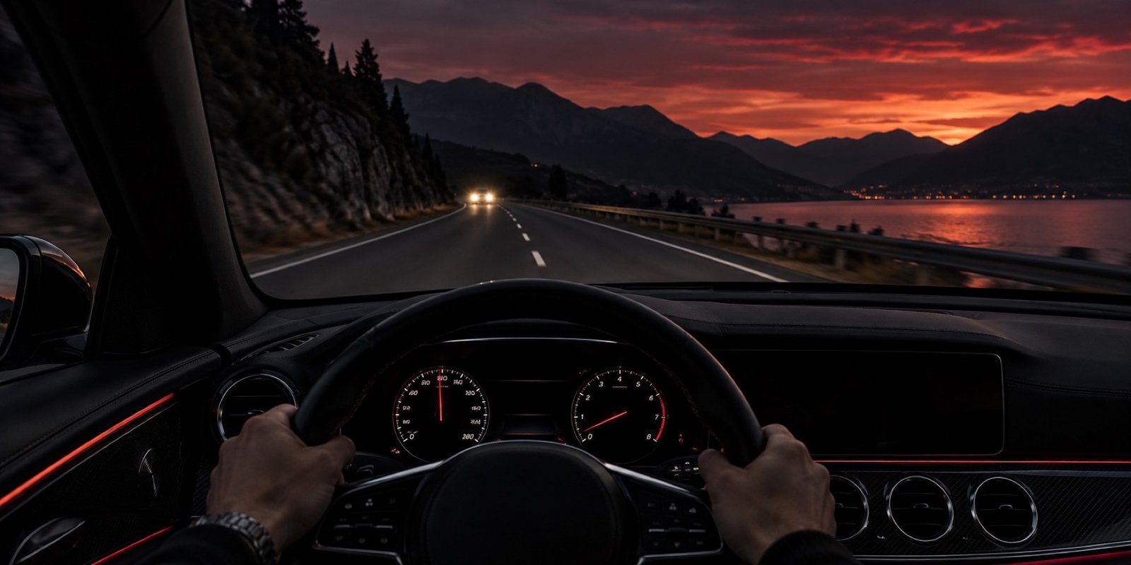 View of a road and distant headlights from inside a car at dusk
