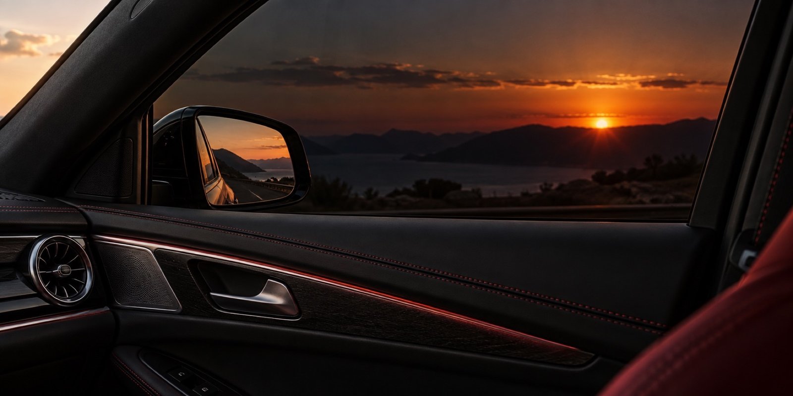 Warm sunset seen through a tinted car side window