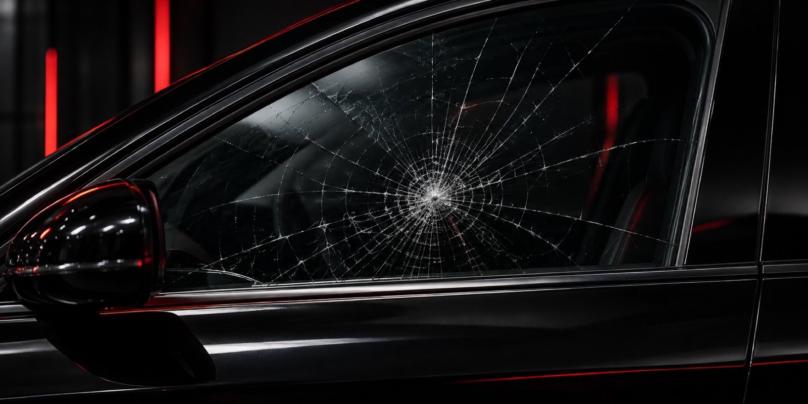 Cracked side window retained in a stationary car’s window frame