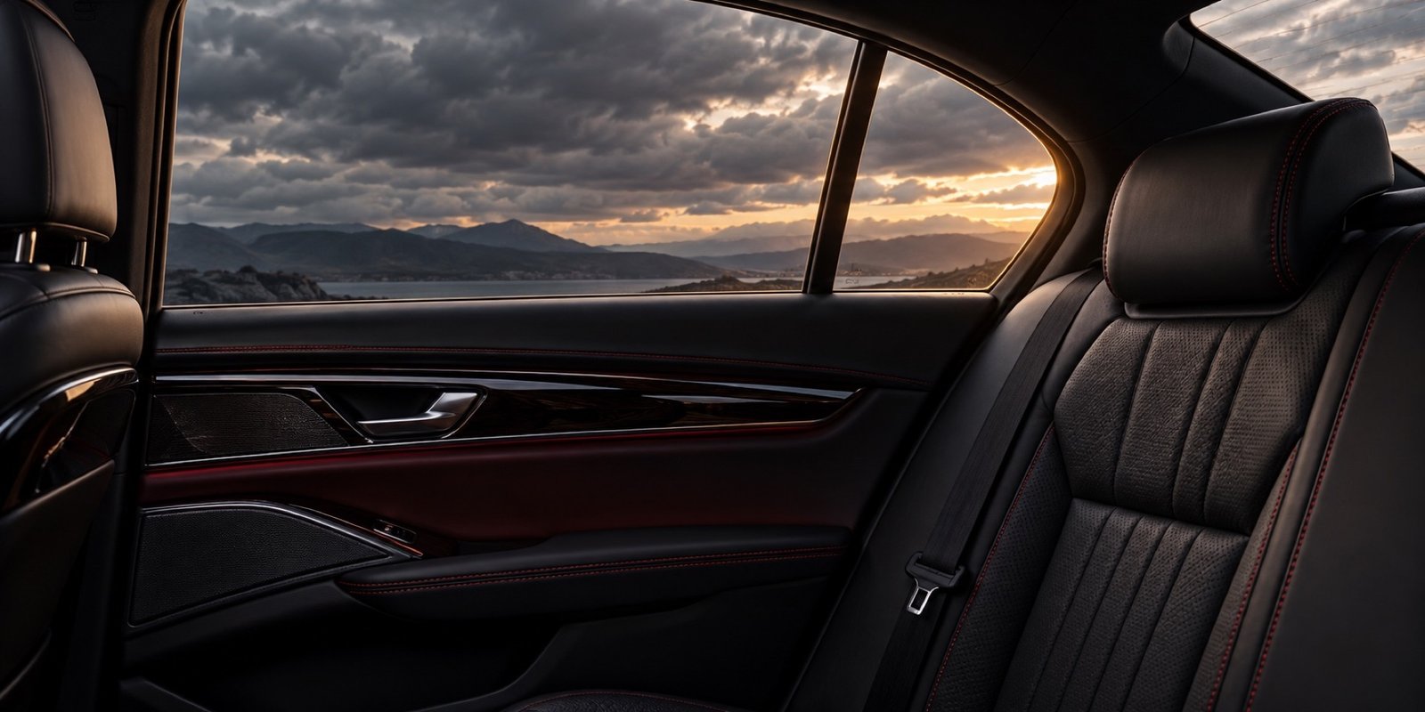 Black leather rear seats beside a closed car window