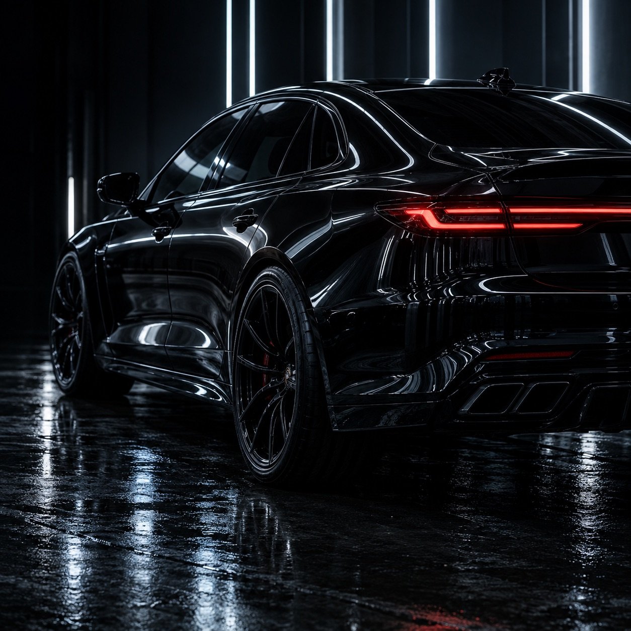 Black sedan with tinted windows in a detailing studio